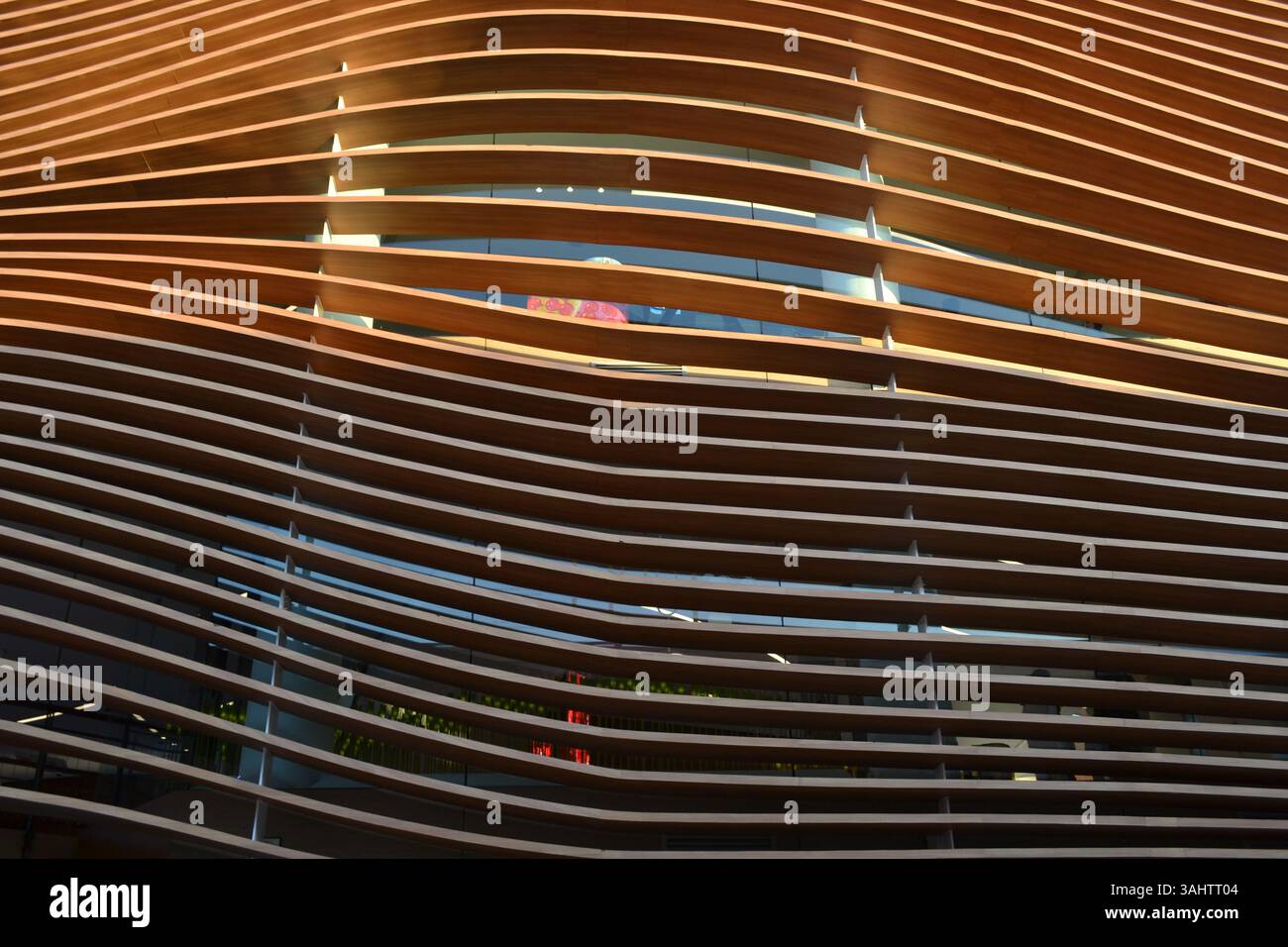 I lunghi pannelli isolanti in legno marrone ricurvi sono curiosi arredi della facciata del padiglione Azerbaigian dell'EXPO Milano 2015. Isolamento termico dell'Azerbaigian. Foto Stock