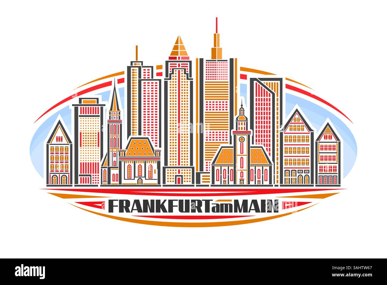 Illustrazione vettoriale di Francoforte sul meno, segno orizzontale arancione con design lineare famoso paesaggio della città di francoforte sullo sfondo del cielo diurno, urbano europeo Illustrazione Vettoriale