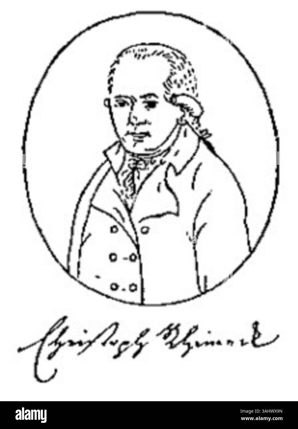 Questo disegno a penna di Christoph Rheineck, creato nel 1811, raffigura un ritratto dettagliato e preciso di Benedikt Schelhorn. L'opera riflette tecniche artistiche del XIX secolo e si concentra sulla ritrattistica individuale. Foto Stock