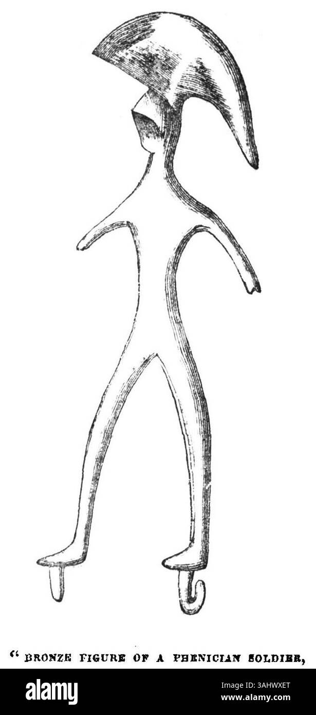 Questa figura in bronzo rappresenta un soldato fenicio, un manufatto presente nel Dublin Penny Journal. Offre un'idea della cultura materiale dell'antica Fenicia, mostrando abbigliamento militare e caratteristiche tipiche del periodo. Foto Stock
