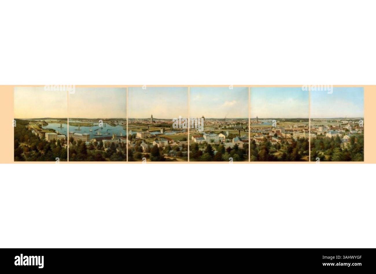 La litografia di H.A. Littmann "Panorama von Potsdam" (1865-1871) cattura una vista panoramica di Potsdam dalla piattaforma del Belvedere su Brauhausberge. La litografia colorata include una leggenda degli edifici raffigurati. Foto Stock