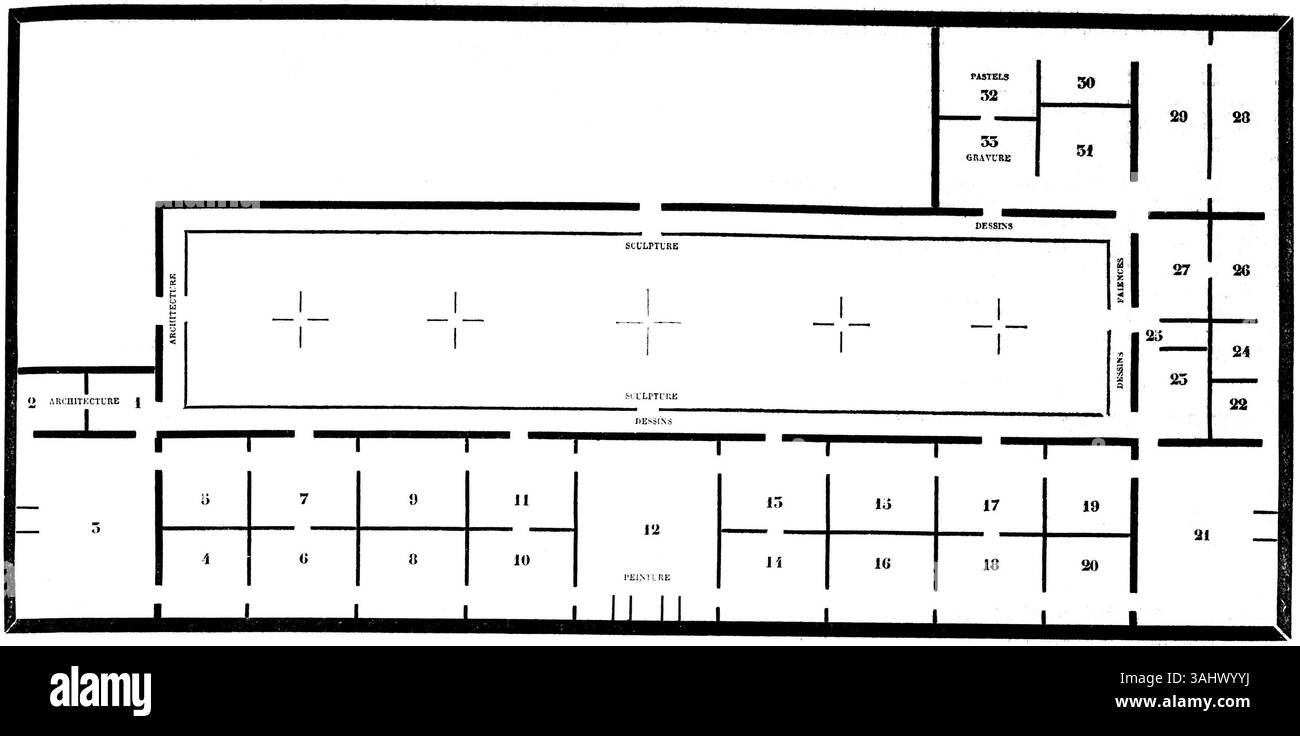 Il progetto del Salon di Parigi del 1889, presentato sul quotidiano *l'Événement*, offre una visione dettagliata della disposizione degli eventi, un momento chiave nella storia delle mostre d'arte francesi. Il Salon del 1889 è stato significativo per mostrare opere in vari stili artistici. Foto Stock