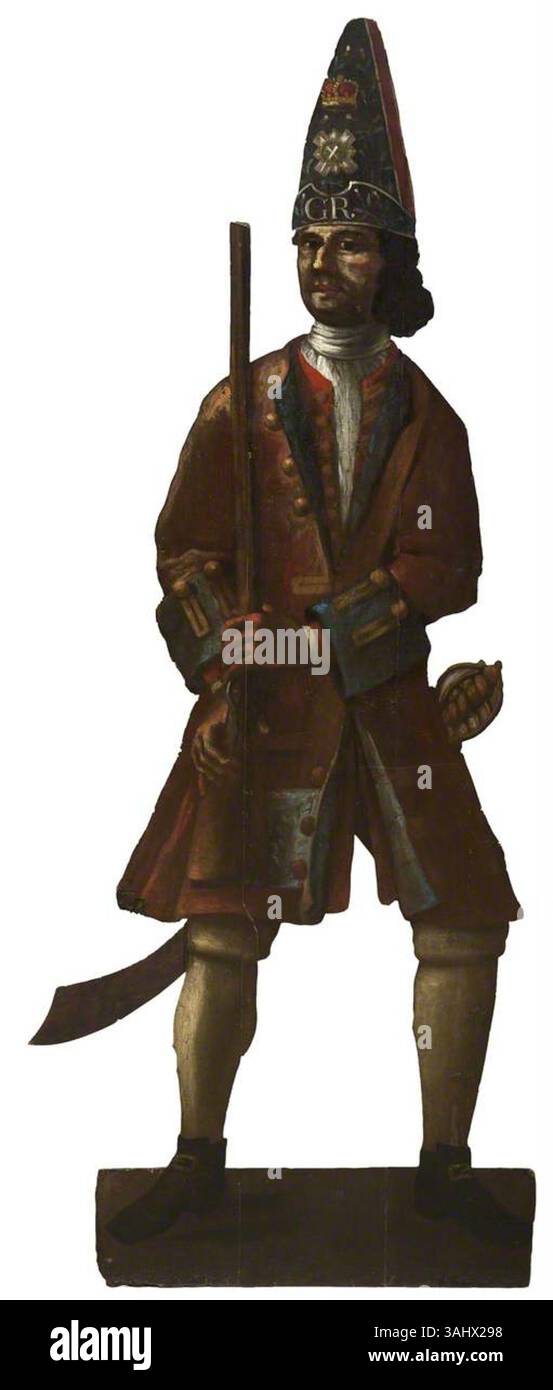 Questo dipinto del 1715-1717, attribuito a Elizabeth Pickering, raffigura un guardiano scozzese. La figura, intesa come un compagno silenzioso, è resa in olio su pannello, catturando l'abbigliamento militare e i dettagli del periodo. Foto Stock