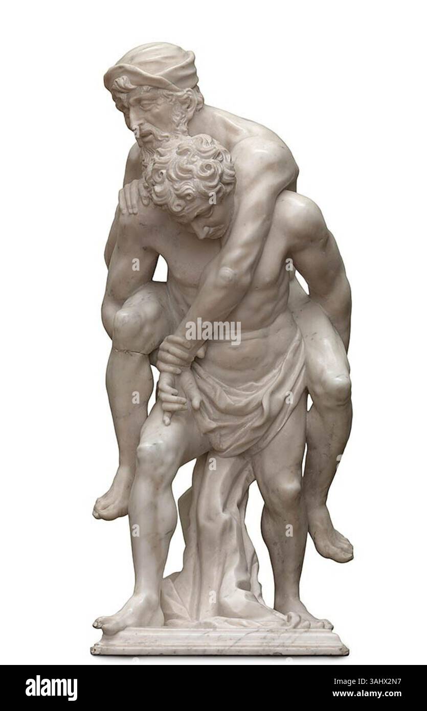 Questa scultura in marmo di Artus Quellino il Vecchio, creata tra il 1640 e il 1668, raffigura l'eroe mitologico Enea che porta suo padre Anchise dalla città in fiamme di Troia. Il pezzo è ospitato nel Royal Museum of fine Arts di Anversa. Foto Stock