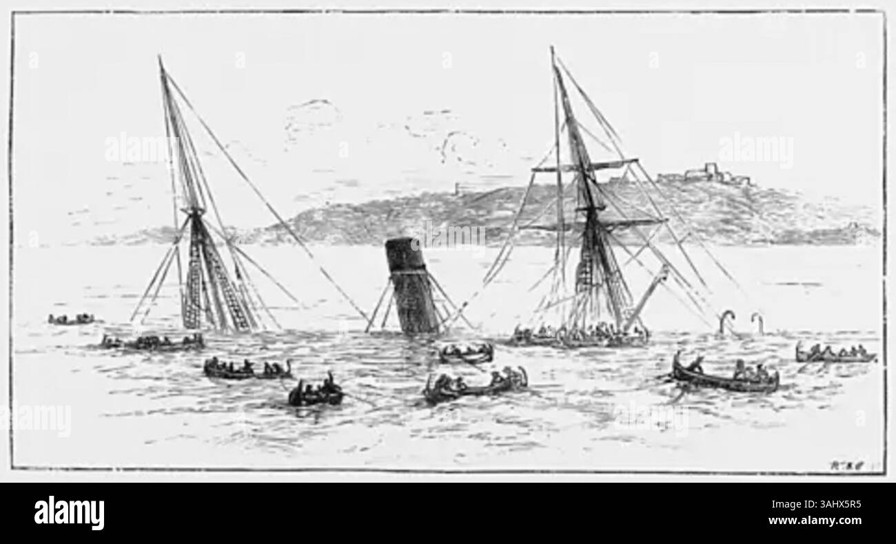 Questa incisione in legno del 1891 raffigura le conseguenze del relitto della *Utopia*, con uno schizzo realizzato da C.W. Cole della HMS *Anson*, che illustra il disastro marittimo. Foto Stock