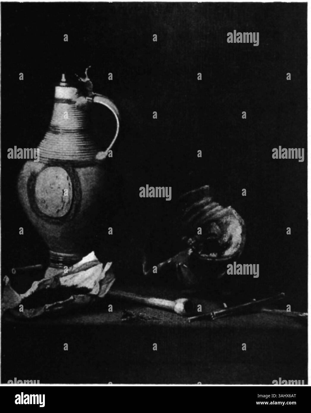 Questo dipinto di natura morta, creato da Jan Fris (circa 1627-1672), raffigura una caraffa in gres di Westerwald con attributi fumanti. L'olio su pannello, creato intorno al 1670, è conservato in una collezione privata. Foto Stock