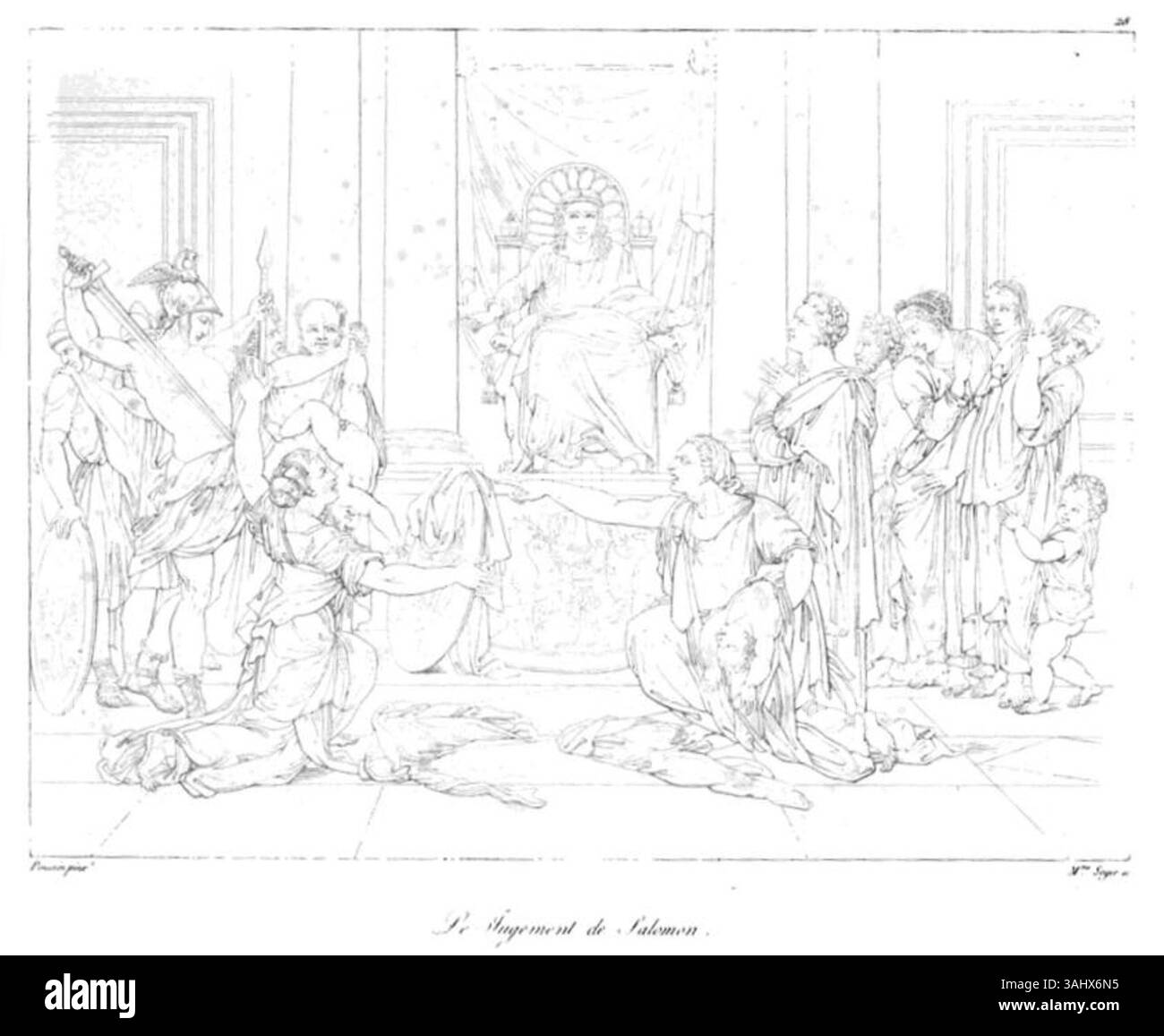 Questa incisione in linea degli anni '1810 di Marie-Pauline Soyer ritrae il giudizio di Salomone, una storia biblica che simboleggia la saggezza e la giustizia, catturando la scena con i minimi dettagli. Foto Stock