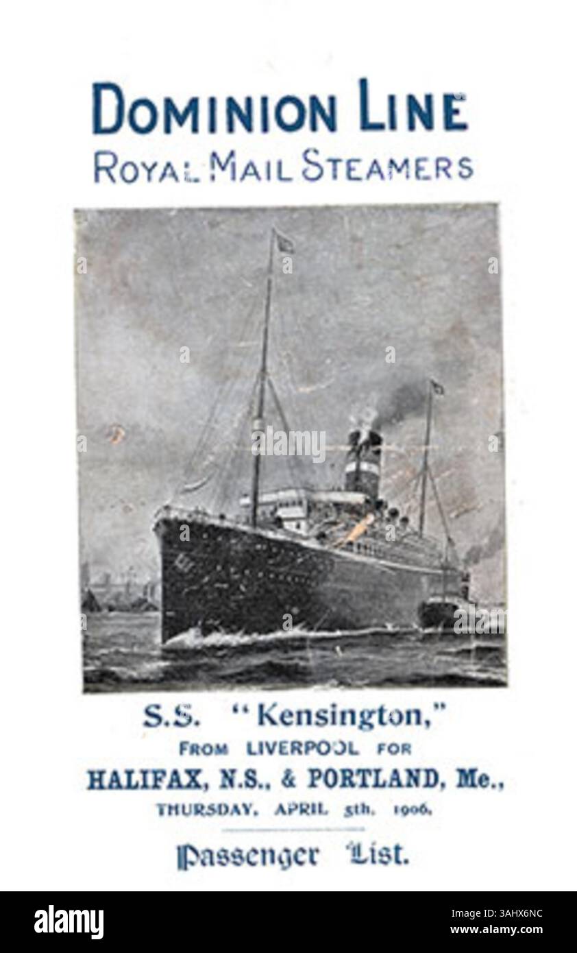 La lista dei 1908 passeggeri per la SS Kensington della Dominion Line, un Royal mail Steamer, che viaggia da Liverpool a Quebec e Montreal. La lista include il comandante William Roberts e un inset della nave che mostra la SS Canada del 1896. Foto Stock