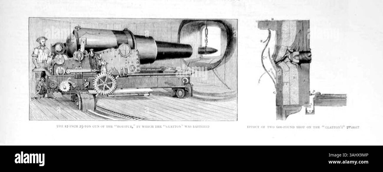 "HMS Hotspur Attack on HMS Glatton" descrive l'azione tra due navi da guerra britanniche nel 1873. Questa incisione in legno, pubblicata su The Graphic l'11 gennaio 1873, illustra l'effetto distruttivo del cannone da 12 pollici dell'Hotspur sulla torretta di Glatton durante le prove di fuoco. Foto Stock