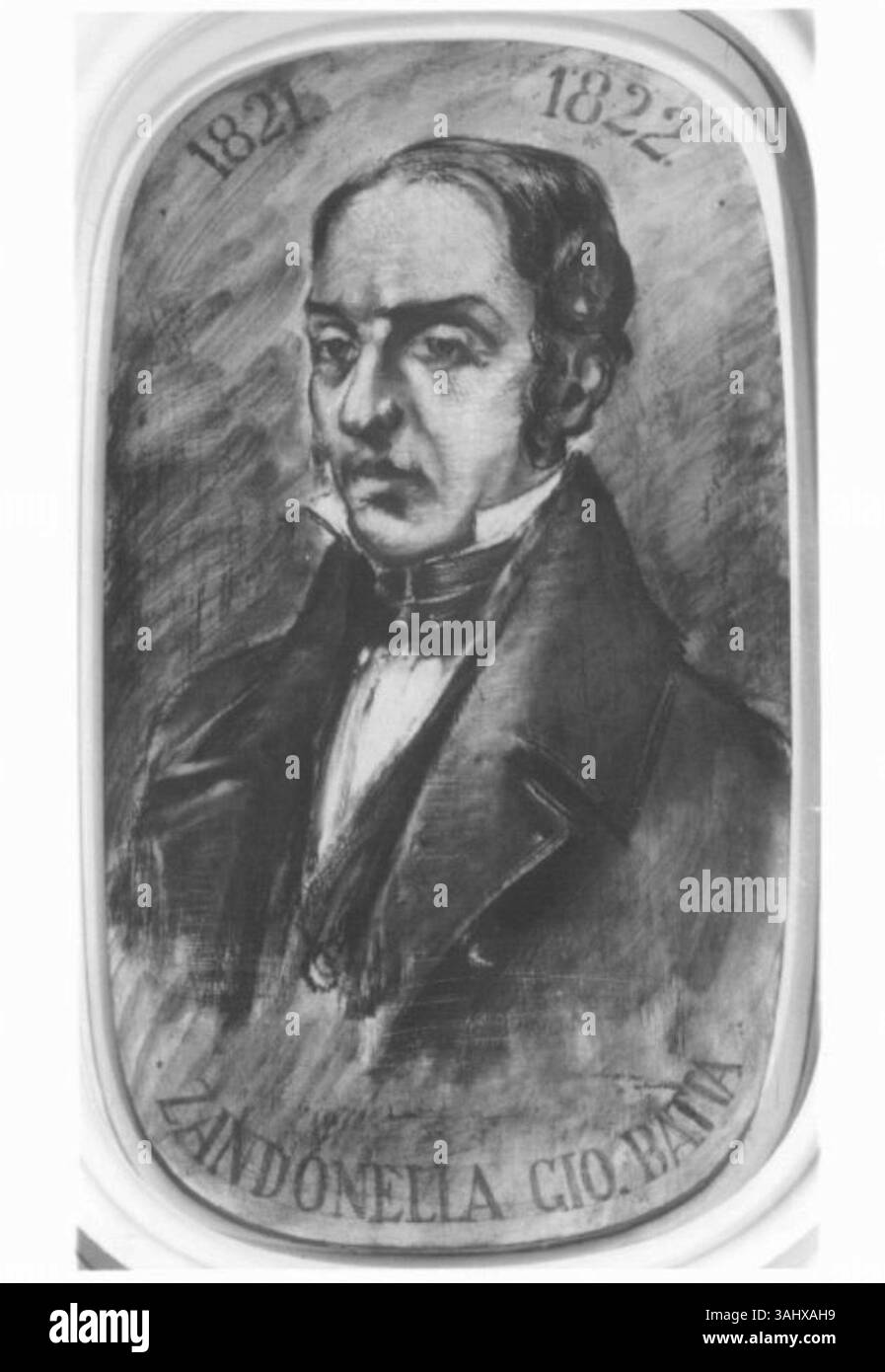 Questo ritratto del 1821 di Giambattista Zandonella è un esemplare della ritrattistica italiana dei primi anni del XIX secolo. L'opera mette in mostra il soggetto in abbigliamento classico, riflettendo le influenze artistiche del periodo neoclassico. Foto Stock