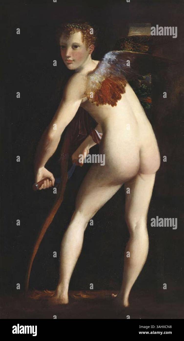 Questo dipinto mitologico, dopo Parmigianino, raffigura Cupido che si radica l'arco, creato intorno al 1550, parte della Collezione reale. Foto Stock