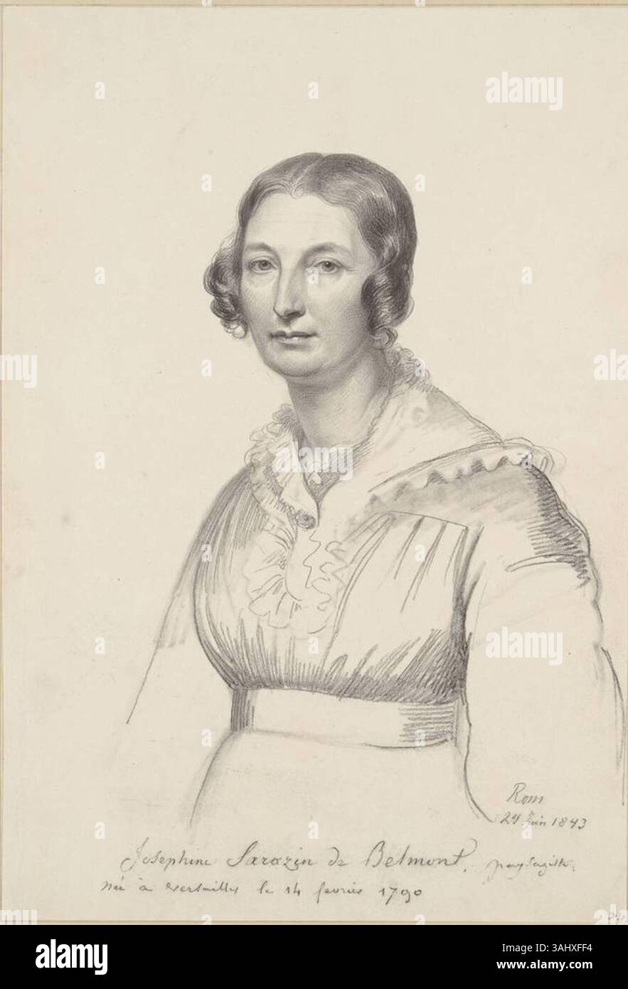 Questo ritratto, creato da Carl Christian Vogel von Vogelstein nel 1843, raffigura Louise Josephine Sarazin de Belmont, una pittrice paesaggistica francese. Il disegno in gesso nero e bianco cattura la somiglianza dell'artista ed è conservato nel Kupferstich-Kabinett di Dresda. Foto Stock