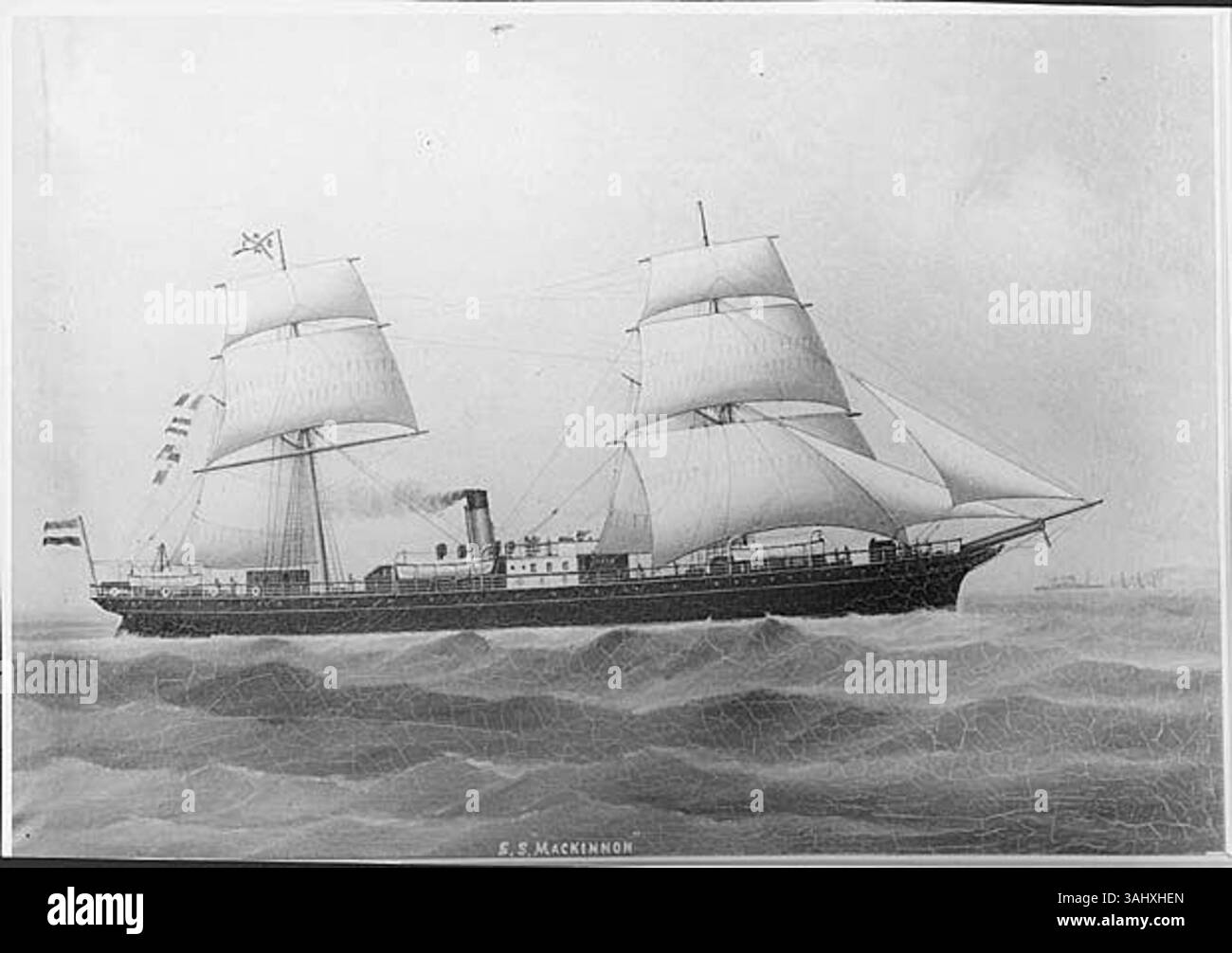 Questo dipinto ritrae la nave a vapore "Mackinnon" della compagnia a vapore olandese-Indie, dipinta intorno al 1875. Rappresenta l'espansione delle rotte marittime a vapore tra i Paesi Bassi e le Indie. Foto Stock