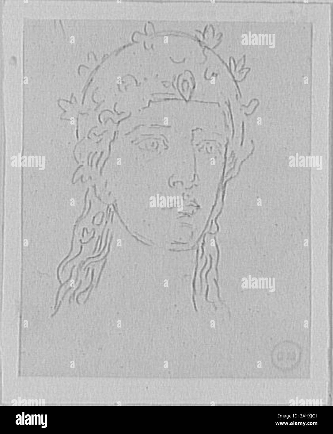 Lo studio di Gustave Moreau su una testa adornata di fogliame, creato tra il 1850 e il 1895, esplora la fusione delle caratteristiche umane con elementi naturali, riflettendo il suo interesse per temi simbolici e mitici. Foto Stock