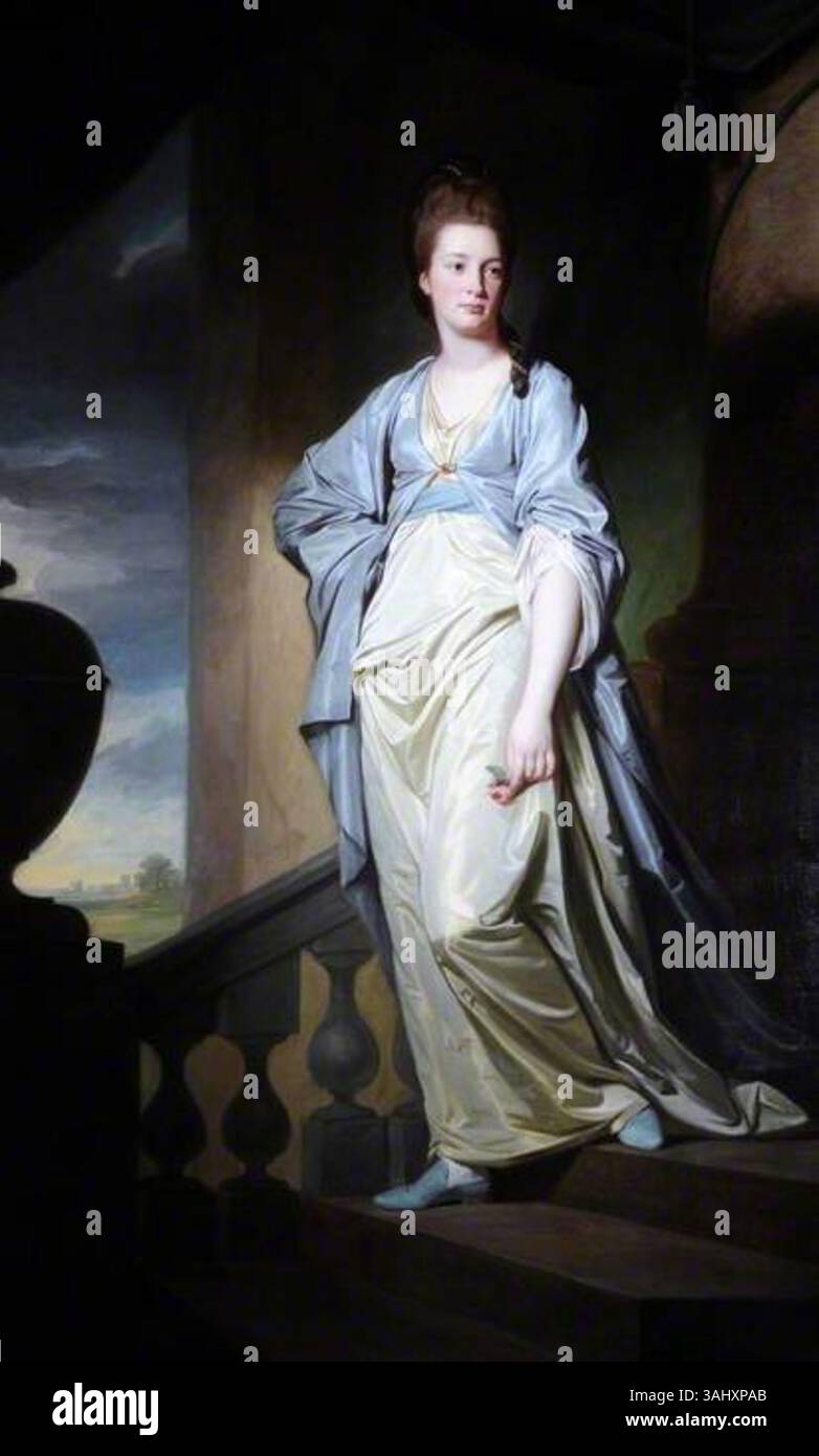 Questo ritratto a figura intera di George Romney, creato tra il 1771 e il 1772, mostra Ann Verelst in piedi sui gradini di una villa, indossando un abito in raso bianco crema con una fascia blu. Tiene una rosa rossa nella mano sinistra. Ann Verelst è nata nel 1751 e si è sposata nel 1771. Lo sfondo presenta un pilastro di pietra e alberi lontani. Foto Stock