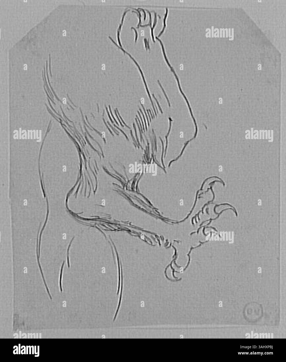 Questo studio di Gustave Moreau, creato tra il 1850 e il 1895, si concentra sulle gambe di una chimera per la sua opera più grande "Les Chimeres". Mostra la sua attenzione alle creature mitiche, all'anatomia dettagliata e alla fusione di forme animali. Lo studio riflette l'immaginazione e l'abilità di Moreau nel rappresentare esseri ibridi con dettagli intricati, sottolineando la struttura muscolare e la posa. Foto Stock