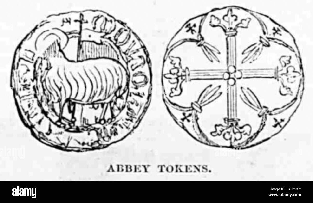Un'illustrazione pubblicata su Pen and Pencil il 10 marzo 1855 che mostra Abbey Tokens, una forma di valuta o cimeli delle abbazie. L'illustrazione fornisce una registrazione visiva di questi gettoni, significativi nel contesto delle istituzioni religiose inglesi medievali e dei primi anni moderni. Foto Stock