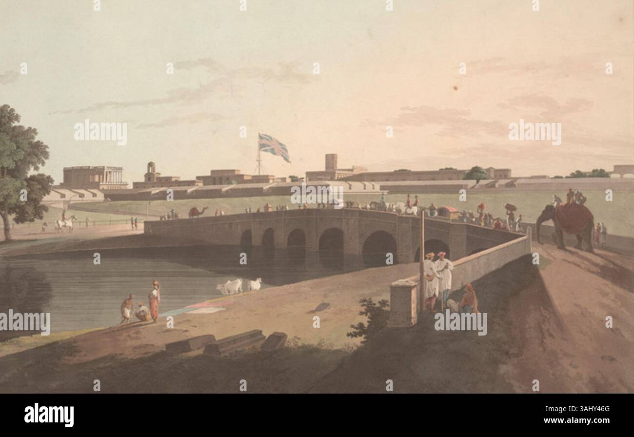 Questa stampa di Thomas Daniell raffigura l'ingresso occidentale di Fort St George, Madras, che mostra l'architettura coloniale britannica in India durante la fine del XVIII secolo. Foto Stock