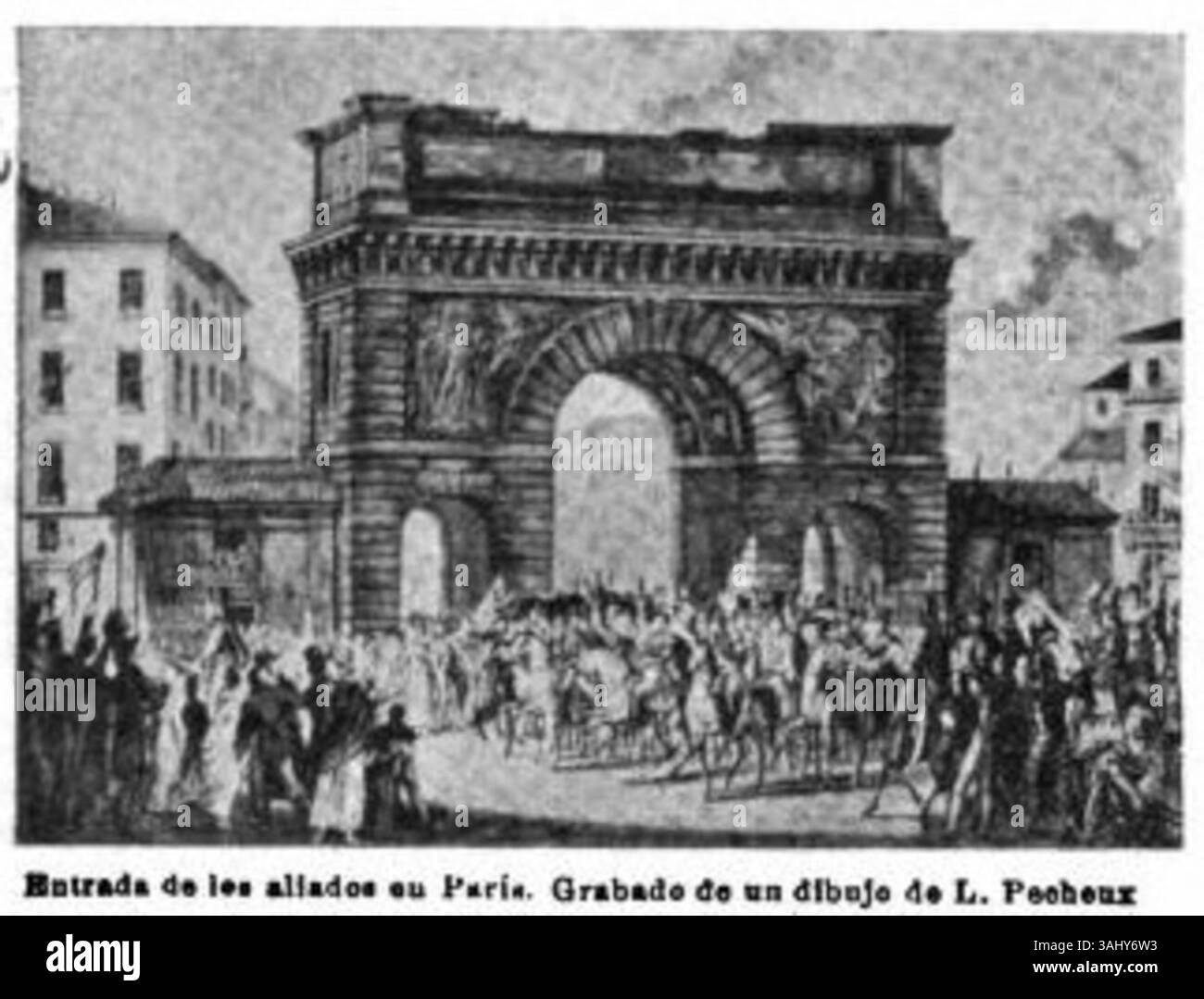 Questa incisione di Laurent Pêcheux raffigura l'ingresso delle forze alleate a Parigi, probabilmente riferendosi agli eventi che circondano la Rivoluzione francese o le guerre napoleoniche. L'opera è basata su un disegno di Pêcheux. Foto Stock