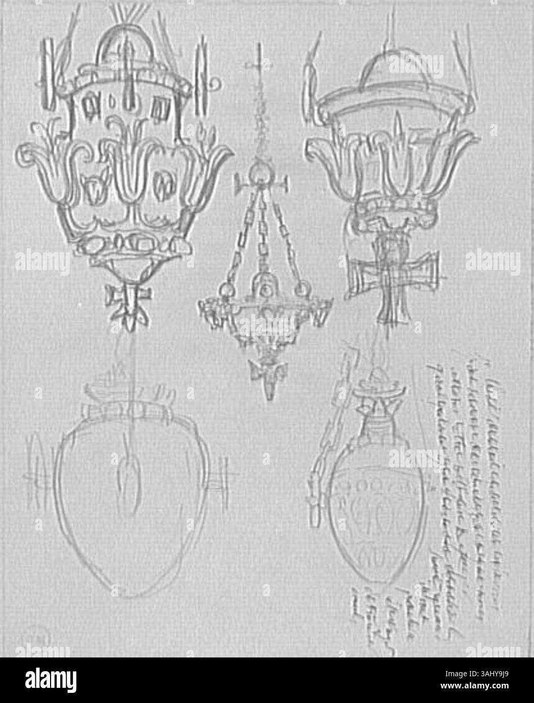 Foglio di studio delle lampade a sospensione di Gustave Moreau, creato tra il 1850 e il 1895. L'opera presenta schizzi dettagliati di lampade, a dimostrazione dell'interesse di Moreau per la rappresentazione e la progettazione di oggetti. Foto Stock Foglio di studio delle lampade a sospensione di Gustave Moreau, creato tra il 1850 e il 1895. L'opera presenta schizzi dettagliati di lampade, a dimostrazione dell'interesse di Moreau per la rappresentazione e la progettazione di oggetti. Foto Stock