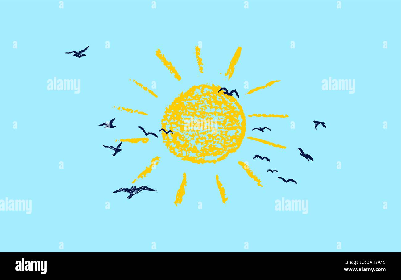 Sole luminoso con i raggi. Cielo soleggiato e sagoma di uno stormo di colombe o gabbiani. Colorate matite di cera per bambini che disegnano paesaggi. Vettoriale ingenuo e divertente Illustrazione Vettoriale