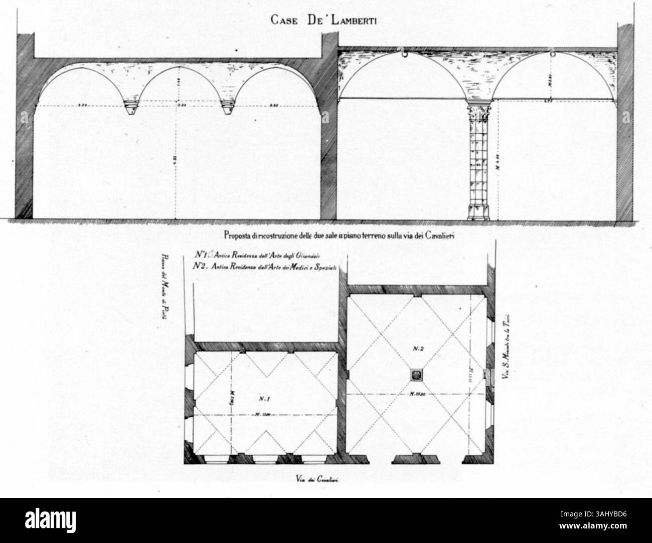 Il disegno degli anni '1880 di Giuseppe Landi presenta una pianta e una sezione di elevazione delle sale per i mercanti di petrolio e i medici del dado dei Lamberti, illustrando la disposizione storica e l'uso dello spazio nelle istituzioni culturali di Firenze. Foto Stock