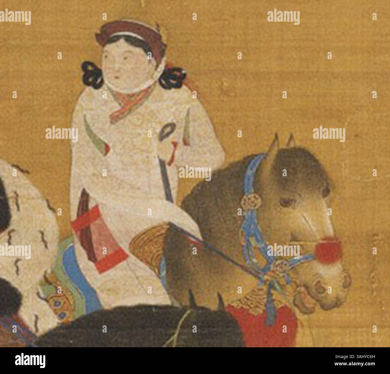 Questo dipinto a pergamena della dinastia Yuan, attribuito a Liu Guandao, raffigura la caccia a Kublai Khan. Il dipinto del 1280 raffigura Kublai Khan vestito con pellicce mongole sopra i broccati cinesi. È esposto al Museo del Palazzo Nazionale di Taipei. Foto Stock