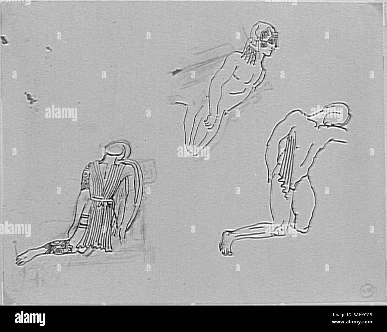 I tre studi di Gustave Moreau su un uomo, creati tra il 1850 e il 1895, enfatizzano la forma umana e la sua espressione. Questi studi mostrano il suo interesse per gli studi di figure e rappresentazioni maschili, mostrando anatomia e pose dettagliate. Foto Stock