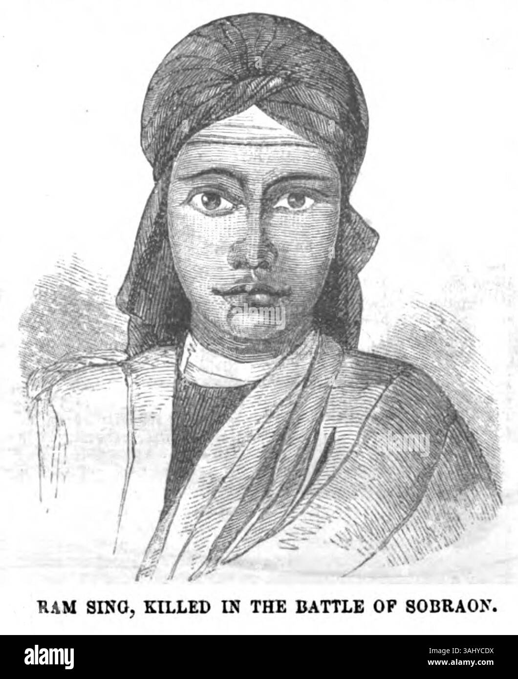 Ritratto ritagliato di RAM Sing, ucciso nella Battaglia di Sobraon, pubblicato nella serie "Portraits from the Punjab" del 1853 in Pictorial di Gleason. Il ritratto commemora il suo ruolo nel conflitto. Foto Stock