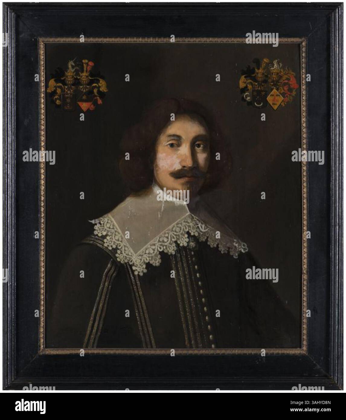 Questo ritratto a olio su tavola del 1639 di Tjalling van Camstra, dipinto da un anonimo artista olandese, fa parte della collezione del Museo delle patatine fritte, che offre una rappresentazione dettagliata della figura storica. Foto Stock