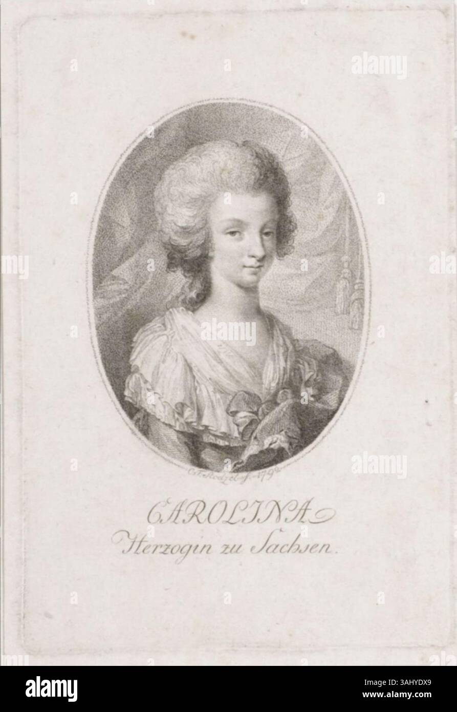 Un ritratto di Christian Friedrich Stölzel del 1792, raffigurante Carolina Maria di Borbone-Parma, Principessa ereditaria di Sassonia. Questa incisione mette in risalto l'aristocrazia e il lignaggio reale della nobiltà europea durante la fine del XVIII secolo. Foto Stock