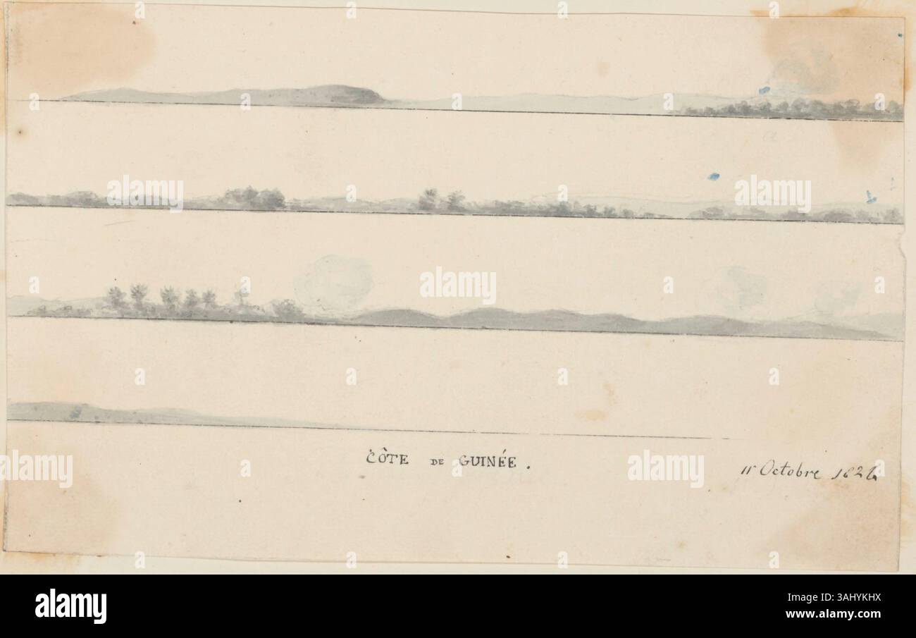 Questo disegno di Willem de Constant de Rebecque del 1824 raffigura la costa della Guinea, mostrando le caratteristiche geografiche della regione osservate durante la sua visita. Fornisce un resoconto visivo del paesaggio della zona durante l'inizio del XIX secolo. Foto Stock