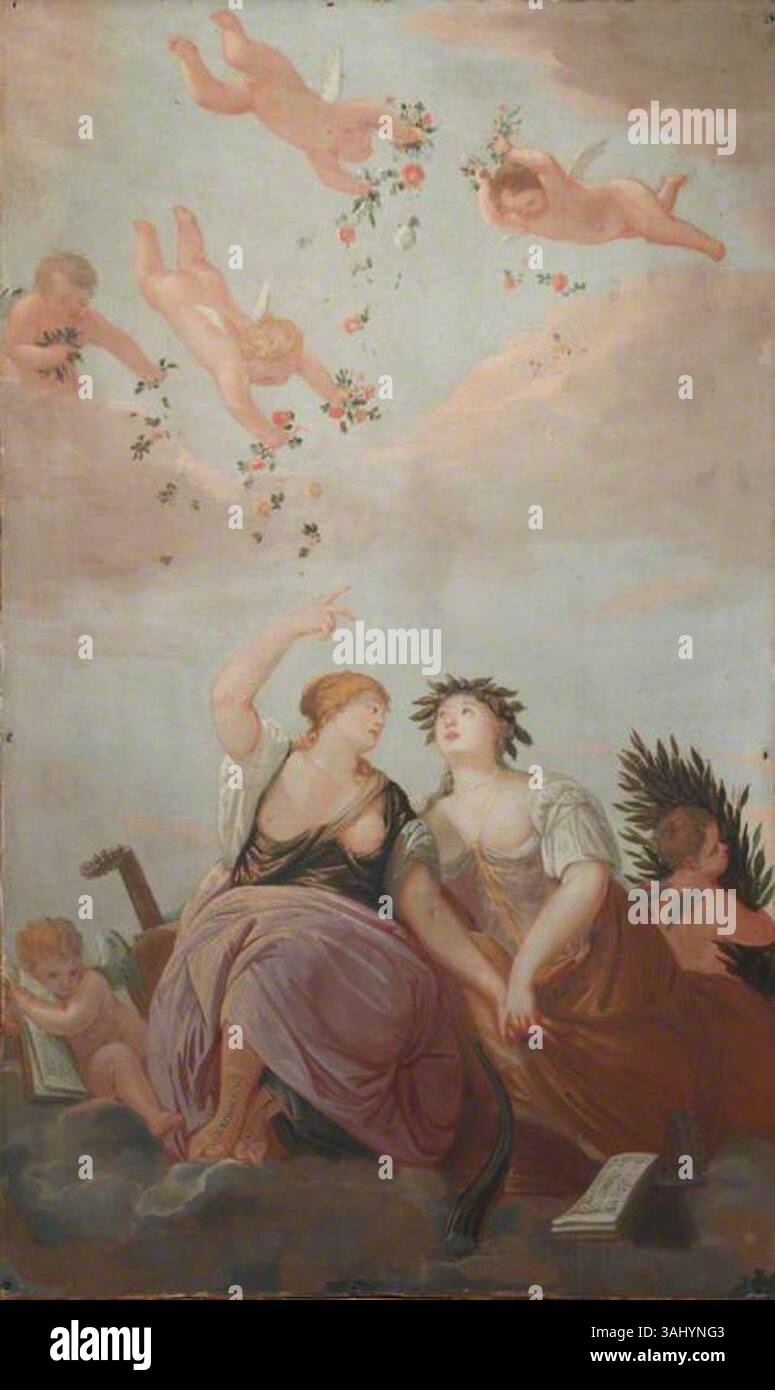 Questo dipinto allegorico, datato tra il 1673 e il 1674, presenta due figure femminili che rappresentano l'armonia musicale, circondate da cupidi che spargono fiori. È un esempio di arte allegorica olandese del XVII secolo. Foto Stock