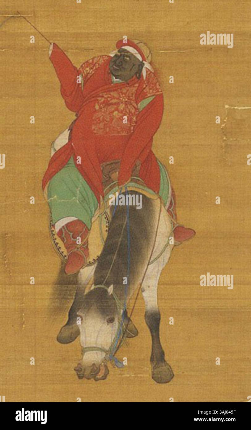 Dipinto a pergamena di Liu Guandao della dinastia Yuan, raffigurante Kublai Khan in una spedizione di caccia nel 1280. L'opera d'arte mostra Kublai Khan in abiti di pelliccia mongola sui broccati di seta cinesi, evidenziando la fusione di stili di abbigliamento mongoli e cinesi. Foto Stock