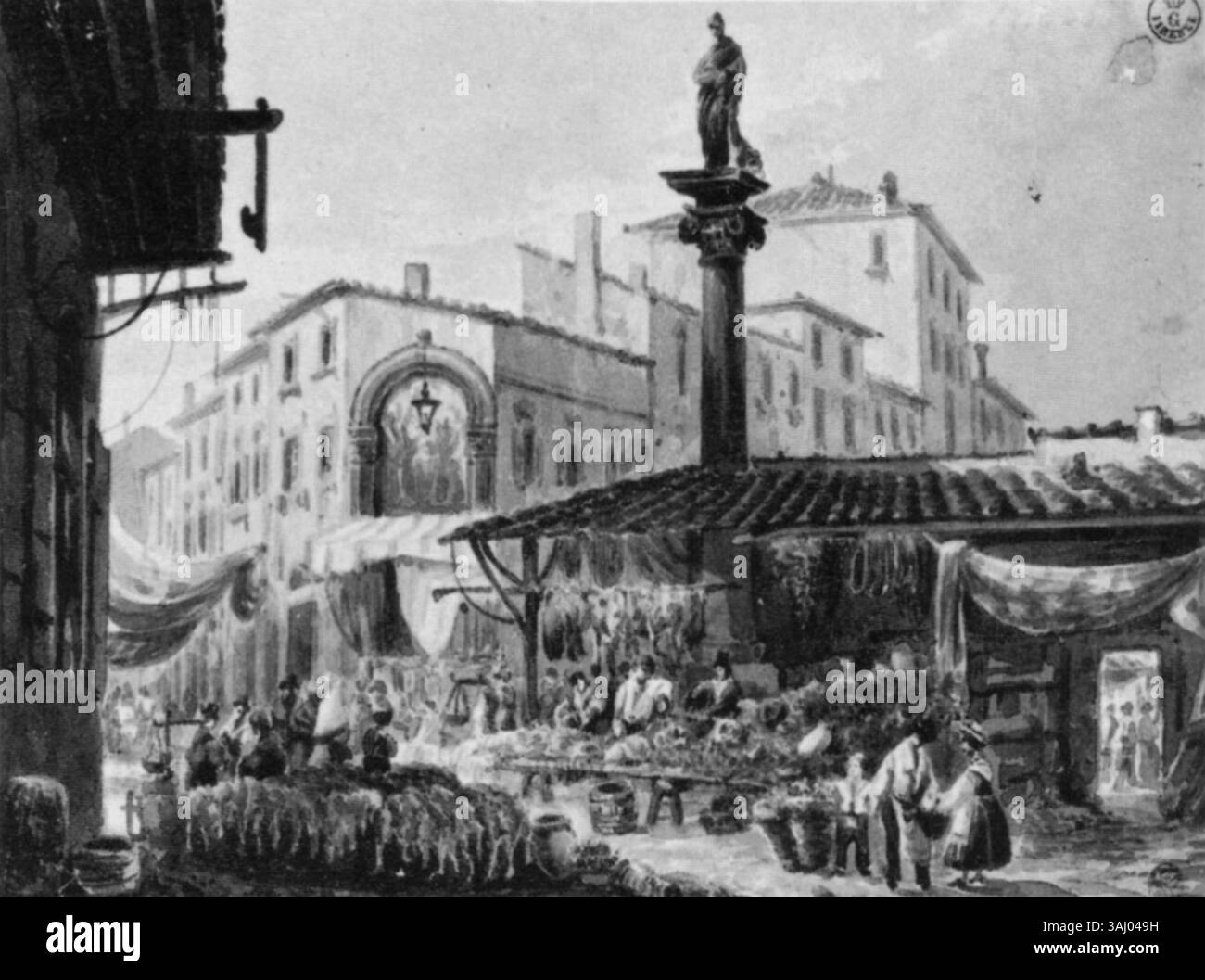 Il dipinto di Emilio Burci "il mercato Vecchio di Firenze" raffigura una vivace scena di mercato a Firenze tra gli anni '1860 e '1870 L'opera cattura la vita quotidiana e il commercio del mercato storico, enfatizzando l'atmosfera vivace e lo sfondo architettonico di Firenze. Foto Stock