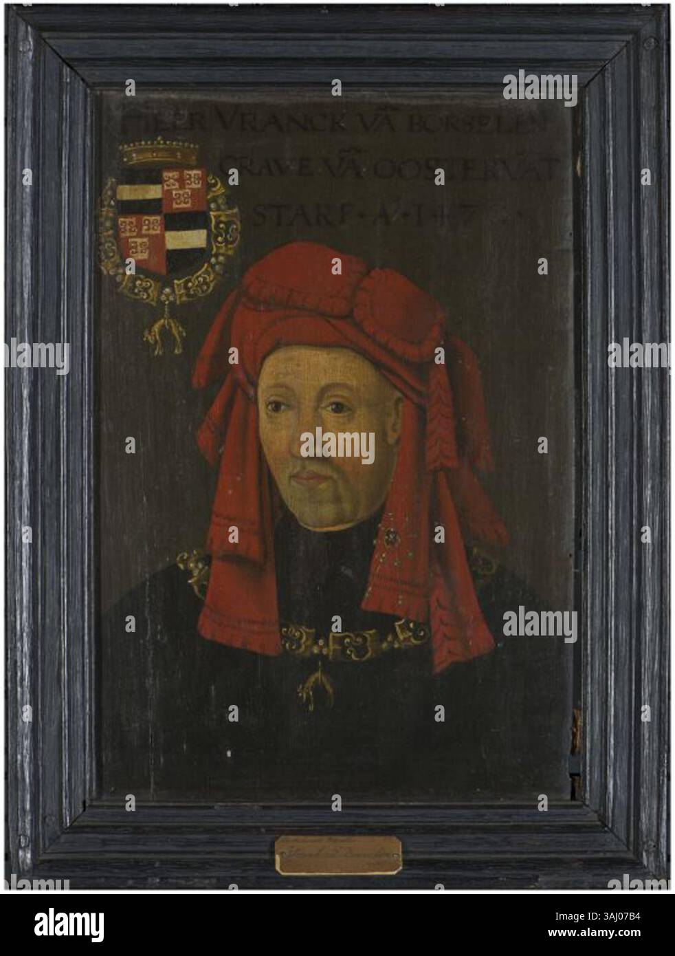 Questo ritratto del 1499 di Frank van Borsselen, creato da un anonimo artista olandese, è un notevole esempio di ritrattistica della fine del XV secolo. La pittura a olio su tavola è conservata nel Museo delle patatine fritte. Foto Stock