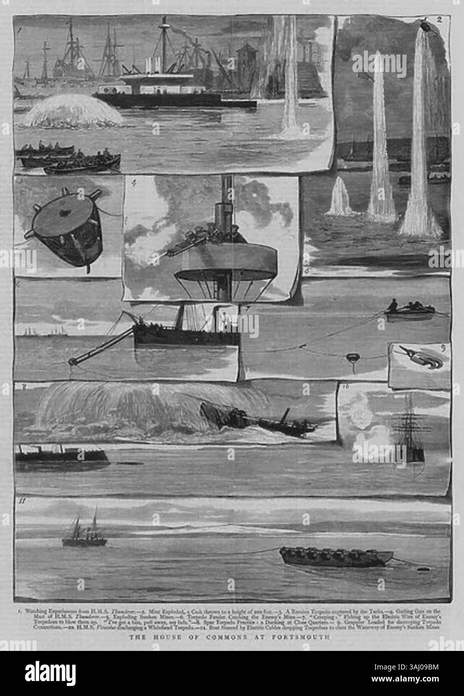 Questa illustrazione del 1878 di *The Graphic* raffigura la camera dei comuni a Portsmouth, evidenziando gli esperimenti navali chiave e le interazioni tra le forze britanniche e la tecnologia militare straniera. Foto Stock