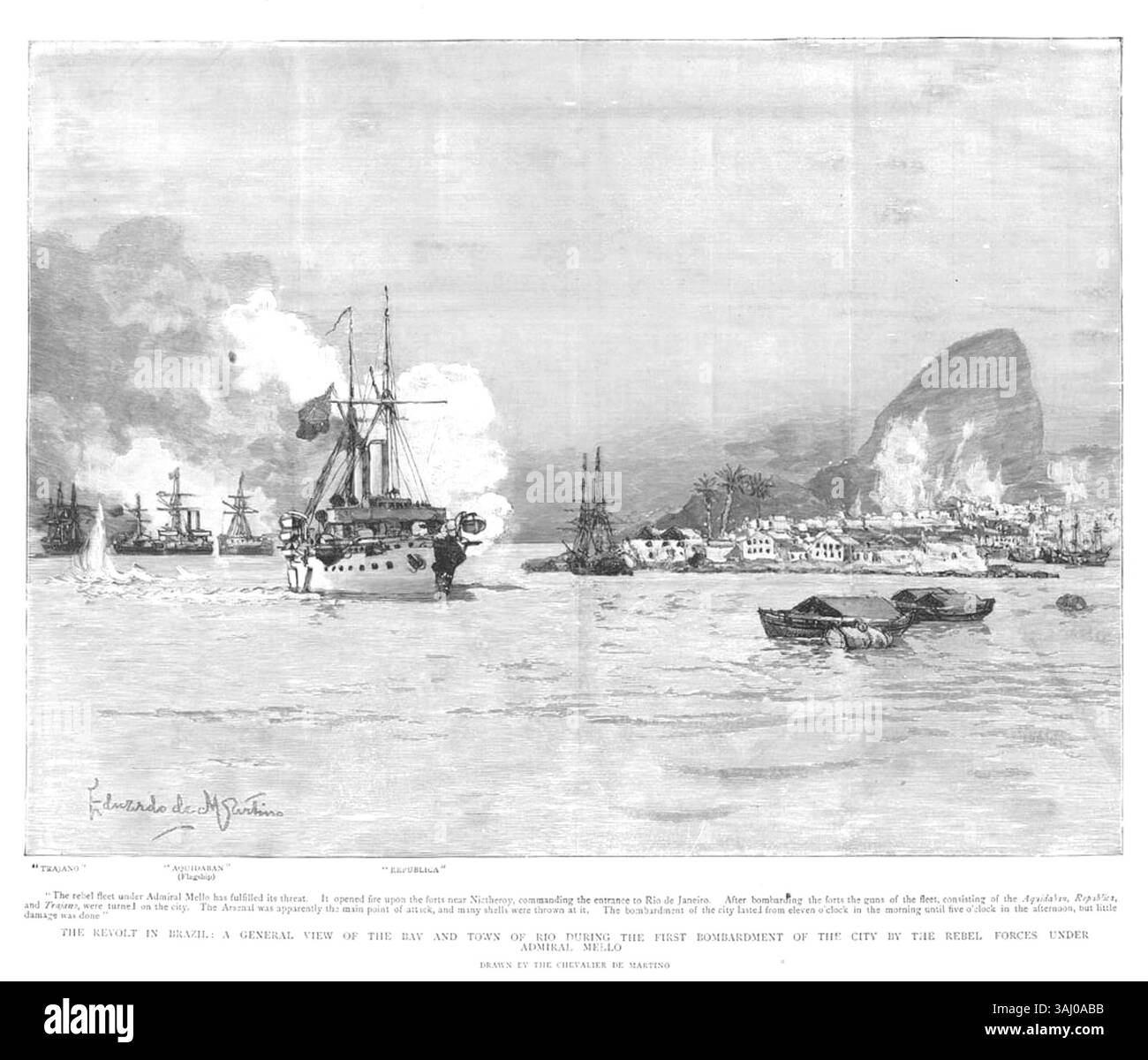Questa illustrazione del 1893 di Eduardo de Martino raffigura il primo bombardamento di Rio de Janeiro da parte delle forze ribelli al comando dell'ammiraglio Mello. L'immagine mostra la baia e la città durante il conflitto, evidenziando l'azione militare del 14 ottobre 1893. Foto Stock