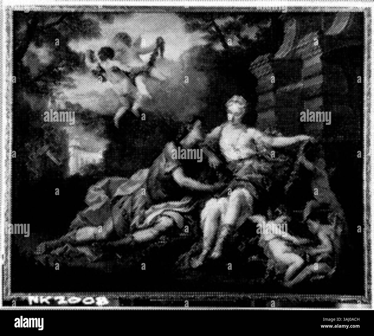 Il dipinto di Louis de Silvestre "Rinaldo en Armida" (1700-1760) presenta una scena drammatica dal poema epico "Gerusalemme liberata". La composizione raffigura il momento dell'incanto del leggendario eroe Rinaldo da parte della strega Armida. Dipinto ad olio su tela, questo lavoro esemplifica la pittura storica del XVIII secolo in stile olandese. Foto Stock