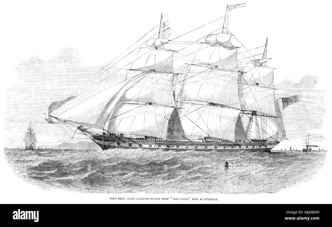 Questa incisione in legno del 1853 presenta la "Tayleur", una nuova nave clipper in ferro costruita per il commercio passeggeri australiano. L'immagine dettagliata mostra la nave a vela completa, rappresentando la tecnologia all'avanguardia del tempo e la crescente domanda di viaggi efficienti a lunga distanza. Foto Stock