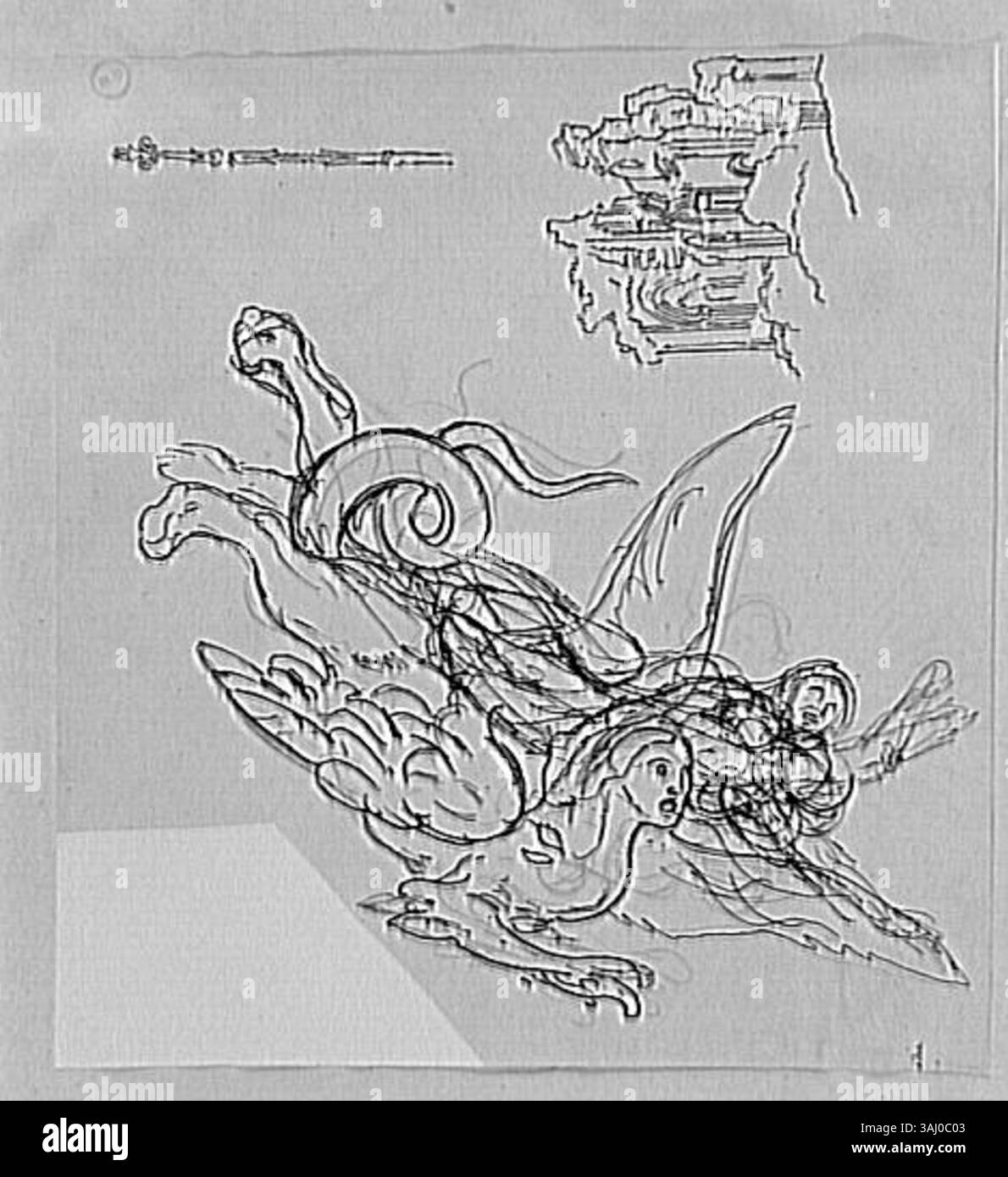 Questo pezzo presenta tre studi di Gustave Moreau, tra cui uno per "Les Chimères". Questi studi, datati tra il 1850 e il 1895, rappresentano la sua continua esplorazione di temi mitici e dello sviluppo artistico. Foto Stock