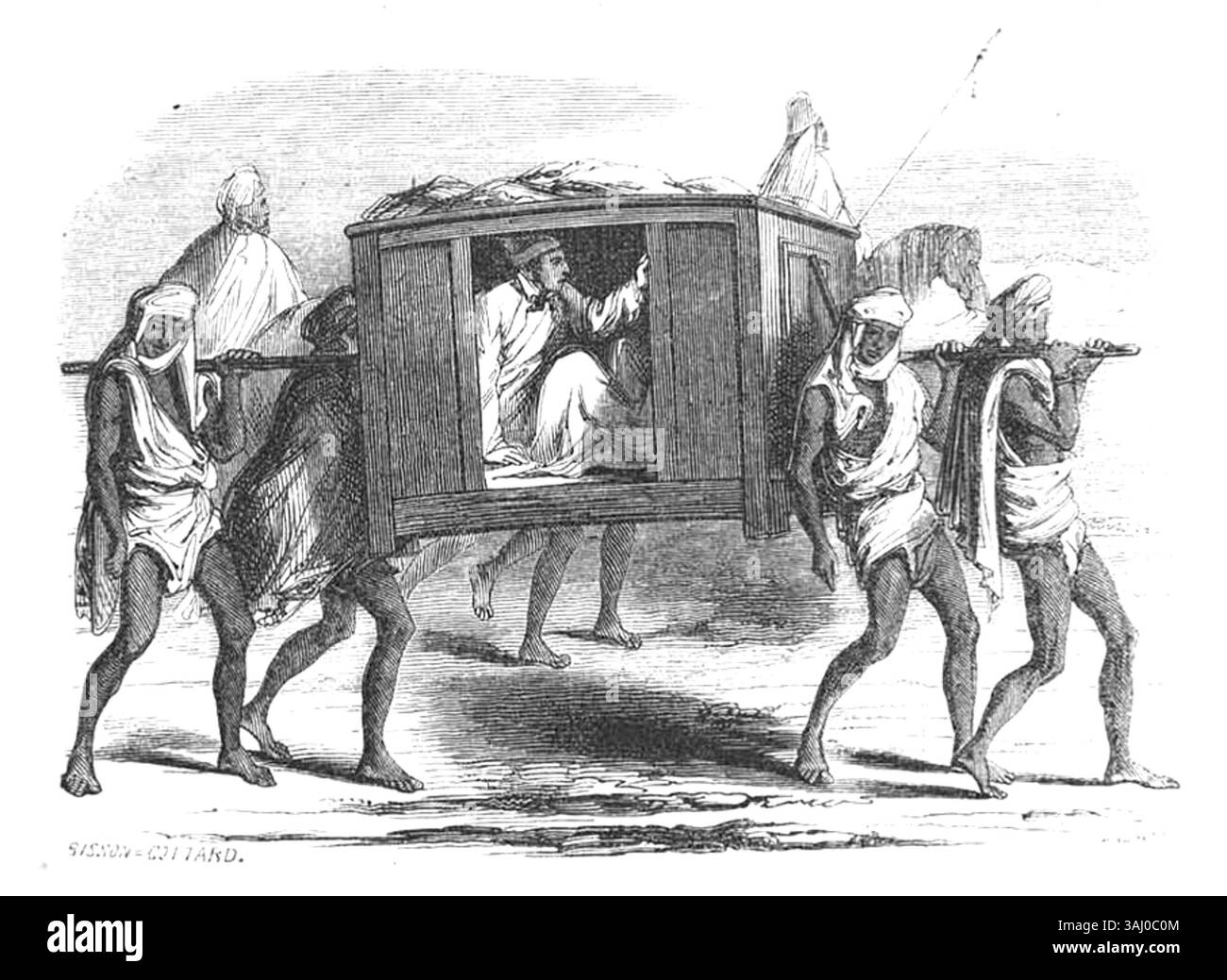 Questa vignetta finale della terza edizione del 1850 di Voyages dans l'Inde raffigura un'incisione di Saltykov, viaggiando attraverso le pianure di Panjabe tra Ludhiana e Omritsar nel febbraio 1842. Fa parte di una narrazione di viaggio che si concentra sul viaggio e i paesaggi dell'India. Foto Stock