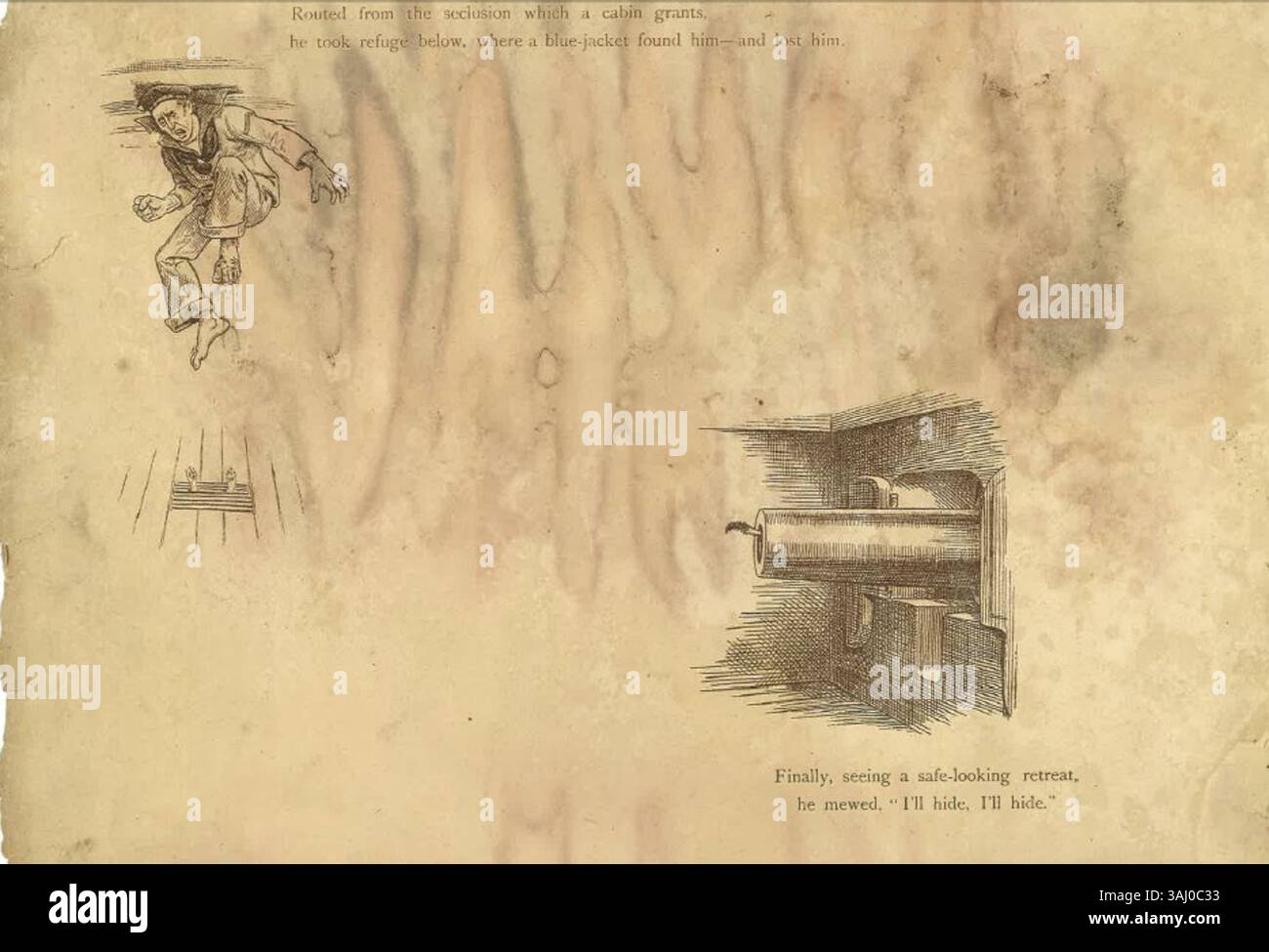 Questa illustrazione del 1898 tratta da "The Demon Cat - A Naval Melo-Drama", intitolata "Rifugio sotto", raffigura personaggi che si rifugiano sotto il ponte, mostrando un momento di tensione e sopravvivenza durante una crisi navale. Foto Stock