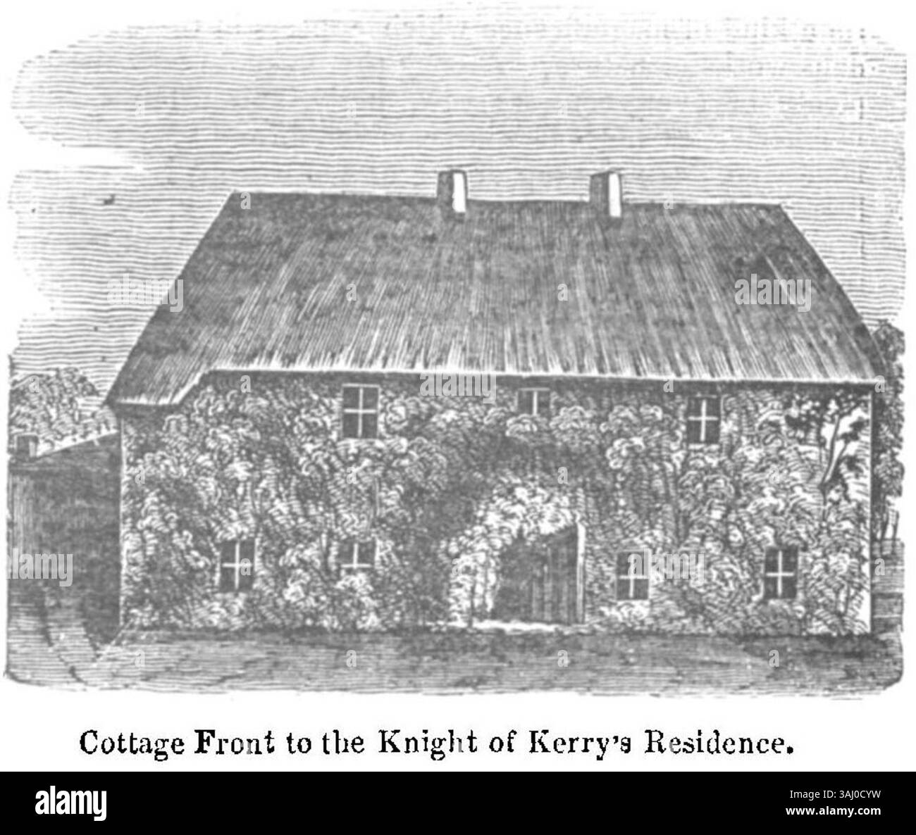 La vista frontale del cottage presso la residenza del Cavaliere di Kerry, situato vicino a Ballinruddery nella contea di Kerry, catturato nel 1836. L'immagine mette in risalto lo stile architettonico tradizionale del periodo, concentrandosi sul paesaggio rurale e sulle caratteristiche distintive della residenza. Foto Stock