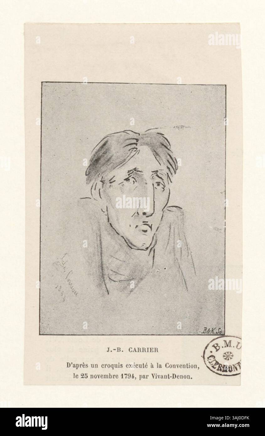 Questa stampa, basata su uno schizzo di Vivant-Denon, mostra Jean-Baptiste Carrier alla Convenzione Nazionale del 25 novembre 1794. Carrier, noto per il suo ruolo nel regno del terrore, è ritratto durante il suo periodo come vice, poco prima della sua esecuzione. Foto Stock