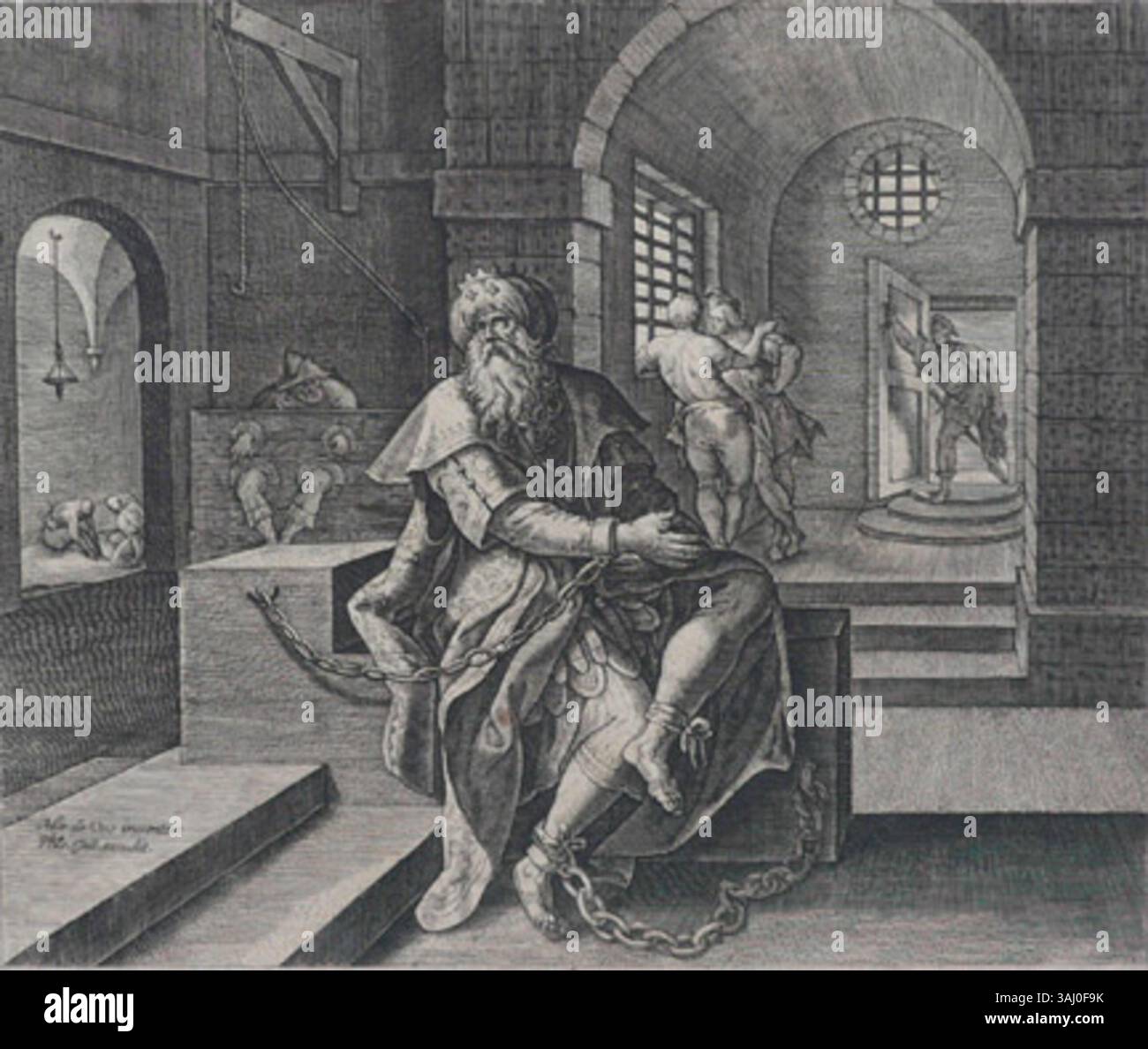 Stampa intitolata 'in confinement' di Philip Galle, creata dopo un dipinto di Marten de Vos. L'impronta raffigura una scena di una persona in confinamento, esplorando temi di isolamento e moderazione nell'arte moderna. Foto Stock