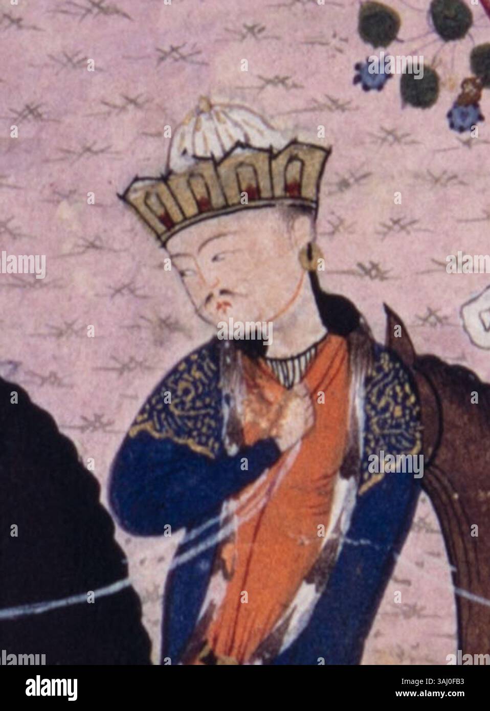 Questo folio (16a) del 'Khamsa di Nizami', datato tra il 1443 e il 46, presenta una raffigurazione di una figura regnante. Il manoscritto è stato creato ad Abarkuh, vicino Shiraz, durante il periodo timuride. Foto Stock