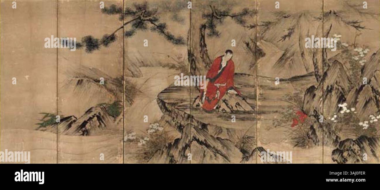 L'opera d'arte "Crisanthemum Boy" di un ignoto artista del periodo Edo raffigura una figura che regge un fiore di crisantemo, simbolo di purezza e longevità, dalla regione di Rendaiji, Kurashiki, Giappone. Questo pezzo riflette l'iconografia e la cultura tradizionali giapponesi. Foto Stock