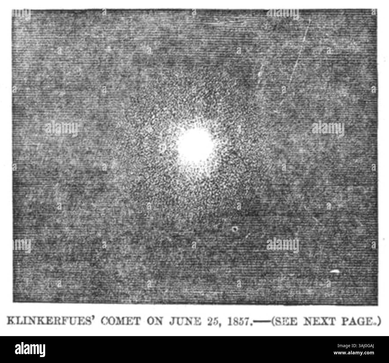 Questa incisione in legno di "The Illustrated London News" del 1857 raffigura la cometa di Klinkerfues vista il 25 giugno 1857. L'illustrazione cattura l'aspetto della cometa nel cielo durante un evento astronomico notevole osservato durante la metà del XIX secolo. Foto Stock