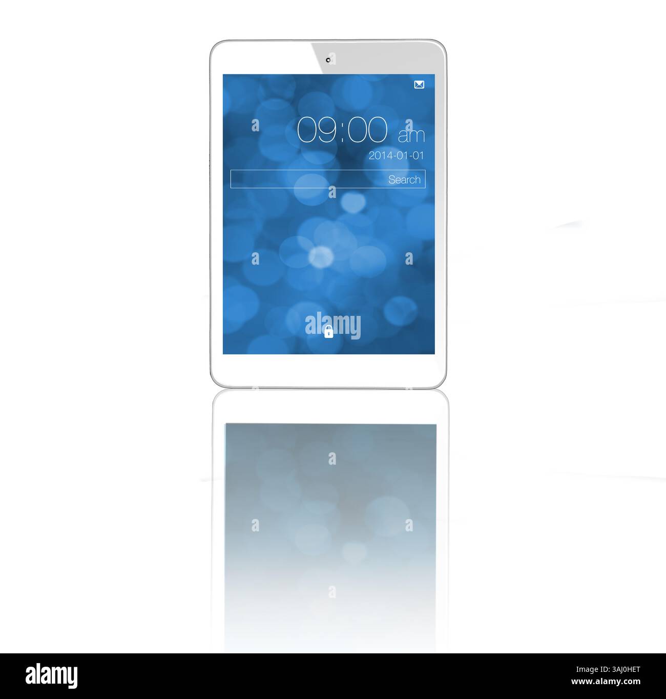 Tablet, schermo e interfaccia utente digitale in studio isolati su uno spazio di mockup su sfondo bianco. Tecnologia, display bloccato ed elettronica, software e online Foto Stock